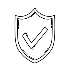Security shield with checkmark icon isolated on white background. Hand drawn shield with check mark icon