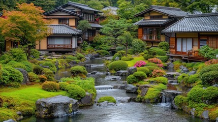 Fototapeta premium Tranquil Japanese garden with traditional houses