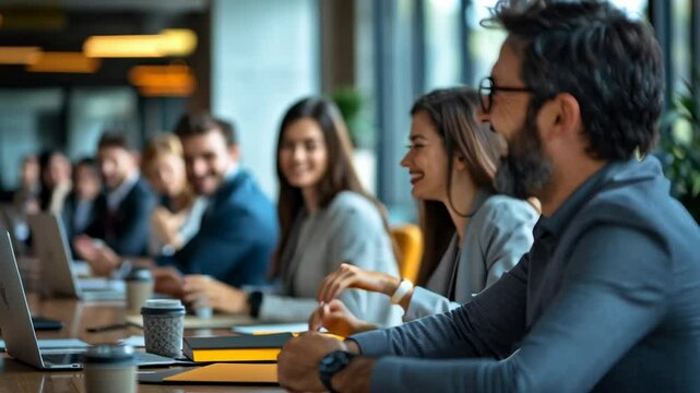  A confident business leader standing at the head of a table, leading a discussion with a small team in a modern office, engaged colleagues, charts and reports on the table
