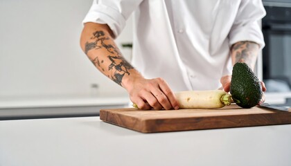 Young Tattooed Chef Styles Artfully Chopping Ugly-Daikon