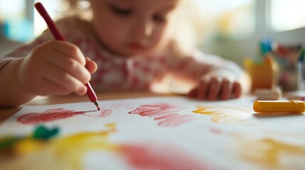 Child engaged in creative art activity at home using markers and colorful paper during the afternoon