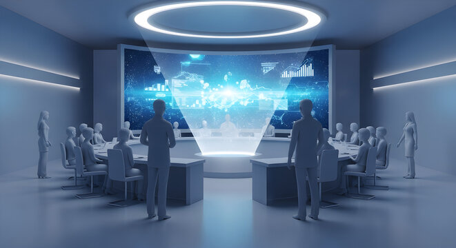 Futuristic business meeting in a modern boardroom with a holographic data projection. 3D render.