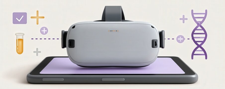 Virtual reality headset on smartphone with DNA and medical icons