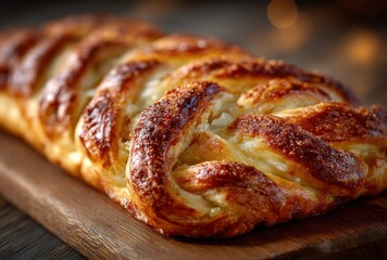 Golden Brown Bakery Pastry Freshly Baked with Crispy Texture and Sweet Aroma on Wooden Board with Soft Warm Lighting Creating Inviting Atmosphere