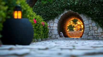 Serene garden pathway leading to a lit archway, surrounded by lush greenery and flowers