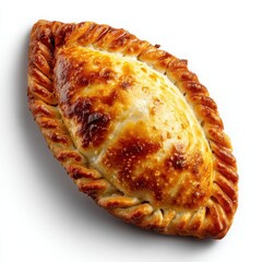 Golden Brown Pastie with Flaky Crust Showcasing Melted Cheese Filling Isolated on White Background for Delicious Culinary Imagery Focused on Food