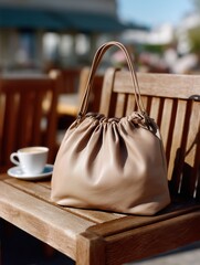 Elegant tan leather handbag on wooden chair with coffee cup outdoors