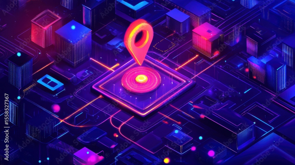 Poster Futuristic city map with glowing location pin on circuit board.