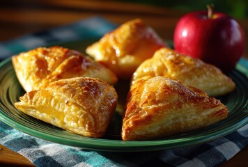Golden Brown Puff Pastries on Plate with Fresh Apple in Natural Light Setting for Food Photography