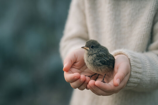 Child holding small bird gently in hands close up compassionate moment soft natural light blurred background