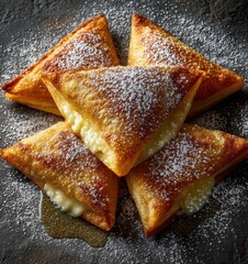 Golden Crispy Pastry Triangles with Sweet Cream Filling and Powdered Sugar on Dark Stone Surface Perfect for Dessert or Snack Photography