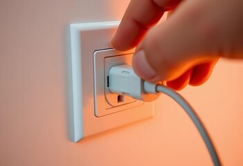 A hand inserts an electrical plug into a wall socket, wiring, insert