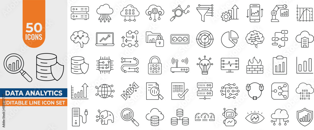 Wall mural data analytics icon set – vector line icons for database, statistics, server monitoring, cloud compu