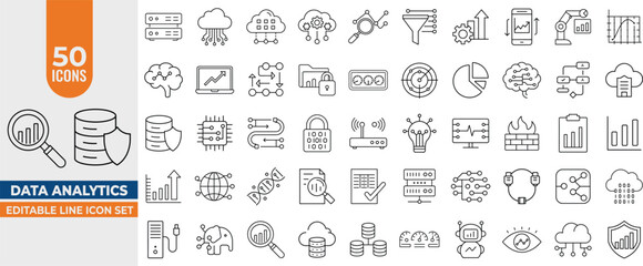Naklejka premium Data Analytics Icon Set – Vector Line Icons for Database, Statistics, Server Monitoring, Cloud Computing, Network. Editable Stroke. Vector illustration