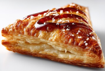 Golden flaky pastry triangle with savory filling topped with glossy sauce and sprinkled with salt, ideal for culinary advertisements or food blogs