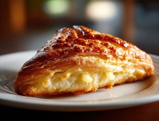 Golden flaky pastry with creamy filling served on a white plate, showcasing delicious textures and warm tones, perfect for food photography or culinary art