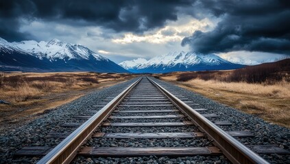 Rail tracks lead toward snowy mountain peaks under a dramatic sky