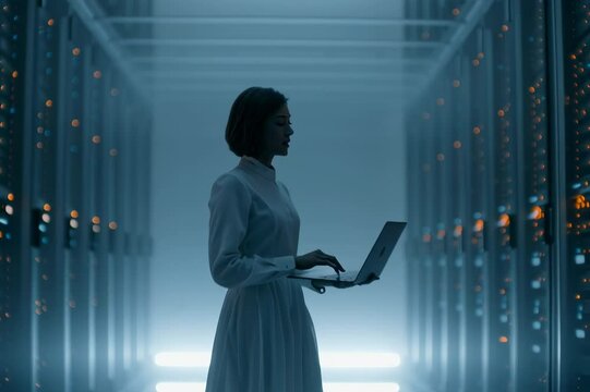 Exploring data center server room with woman engineer using laptop for data analysis it tech