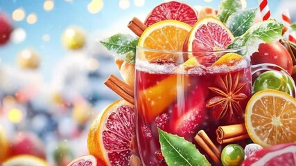 Seasonal holiday drink illustrations for recipe cards and culinary blogs, holiday fruit punch, colorful holiday fruit punch, festive fruit punch and spices