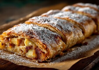 Golden Pastry Strudel Filled with Sweet Apples and Cinnamon Topped with Powdered Sugar on a Rustic Wooden Serving Board