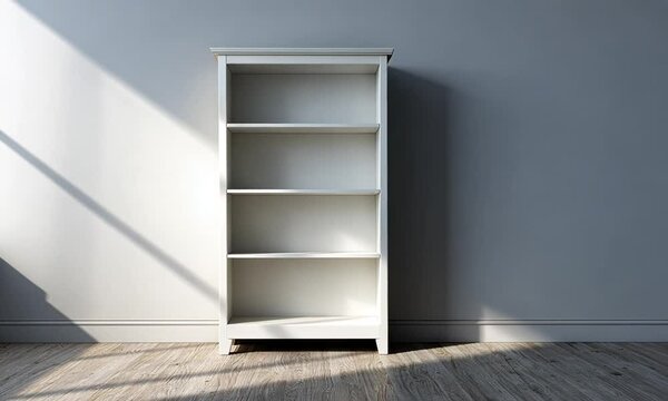A stark, minimalist interior shot features an empty white bookcase against a gray wall. Light and shadow play across the scene