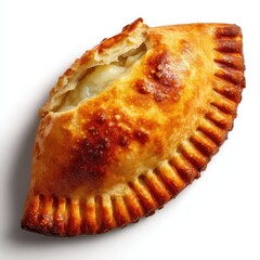 Golden-brown baked pastry filled with creamy filling, showcasing flaky texture, crispy exterior, and deliciously soft inside on a white background