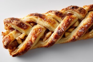 Golden-Brown Braid of Flaky Pastry Filled with Sweet Apples and Cinnamon on a Light Background Capturing the Essence of Homemade Bakery Treats
