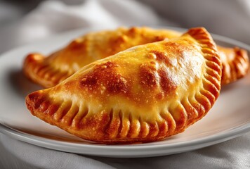 Golden-Brown Handheld Pastry with Flaky Crust Served on White Plate Surrounded by Soft Fabric, Perfect for Food Photography and Culinary Projects