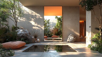 Serene indoor garden space featuring a tranquil pool, natural light, and lush greenery