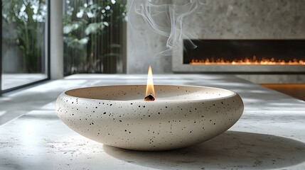 Serene indoor setting featuring a decorative candle with smoke rising, modern decor, and fireplace