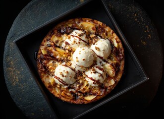 Gourmet dessert pizza featuring banana slices, vanilla ice cream scoops, chocolate syrup drizzle, and crunchy topping on a dark textured background