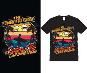 The summer paradise surfing city catch the wave typography t-shirt design and summer tropical paradise sunset. Summer beach with surfing man t-shirt design template. Vector eps 10.