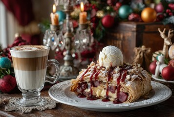 Indulgent Cherry Pastry with Ice Cream and Latte in a Cozy Christmas Setting Featuring Festive Decorations and Candles
