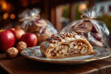 Mouthwatering fresh apple strudel with walnuts on decorative plate showcasing warm rustic background and inviting atmosphere perfect for culinary delights