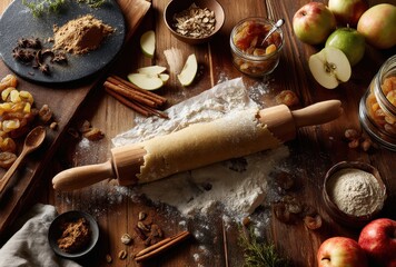 Rolling Pin Surrounded by Fresh Ingredients for Baking Apple Pie, Including Flour, Apples, Spices, Dried Fruits, and Kitchen Utensils on Rustic Wooden Table