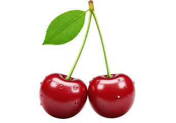 Isolated Two Ripe Cherries with Water Droplets and Green Leaf