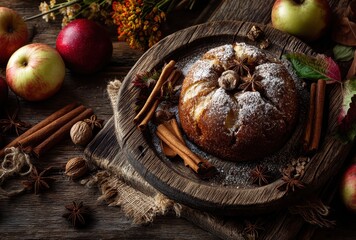 Rustic apple cake with cinnamon, star anise, and spices on wooden table surrounded by fresh apples and autumn foliage creating cozy atmosphere