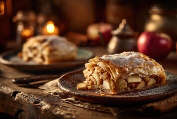 Rustic Apple Strudel on Wooden Table Surrounded by Warm Ambient Light and Apples in Cozy Kitchen Setting for Food Photography