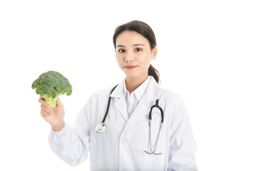Young Chinese female doctor on white background