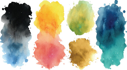 Six Abstract Watercolor Splotches in Black Yellow Green Blue Coral and Gold Hues on White Background Artistic Paint Textures Design Elements
