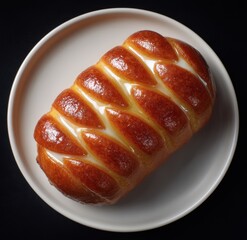 Soft and Golden Bakery Roll with Cream Filling on a Neutral Plate Against a Dark Background for Culinary Inspiration and Food Photography