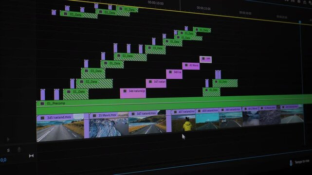 Video Editing Timeline with Clips and Tracks in Post-Production Interface, Detailed view of a non-linear editor timeline showing layered media, effects, and transitions