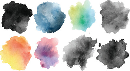 Eight Watercolor Splotches Diverse Color Palette Abstract Background Design Elements Yellow Orange Pink Purple Blue Green Gray Black