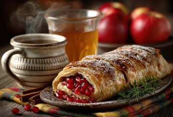 Warm and Freshly Baked Pomegranate Pastry with Tea, Slices of Red Apples, and Steaming Cup on a Rustic Wooden Table Setting