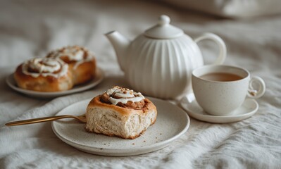 Warm breakfast scene featuring a cinnamon roll, tea set, and cozy linens perfect for a relaxing morning or brunch setting with comfort food