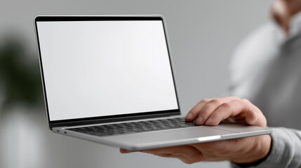 Professional Male Hand Holding Laptop with White Screen Tilted Forward – Ideal for Tech Showcases, App Demos, and Web Design Previews,laptop mockup, blank screen, white background, handheld device,