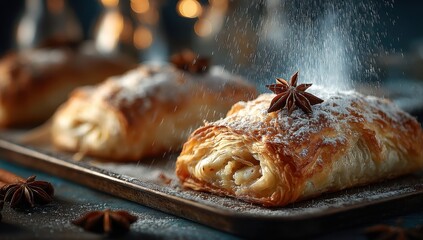 Warm Pastry Treats Sprinkled with Powdered Sugar and Star Anise on a Rustic Wooden Tray, Evoking Cozy Moments and Delicious Bakery Scents