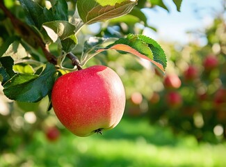 A close-up of a ripe red apple hanging on a tree branch