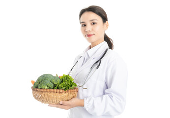 Young Chinese female doctor on white background
