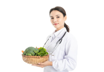 Young Chinese female doctor on white background